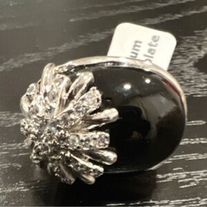 Black Domed Cabochon with Sparkling Flower Cluster, Rhodium Electroplate
